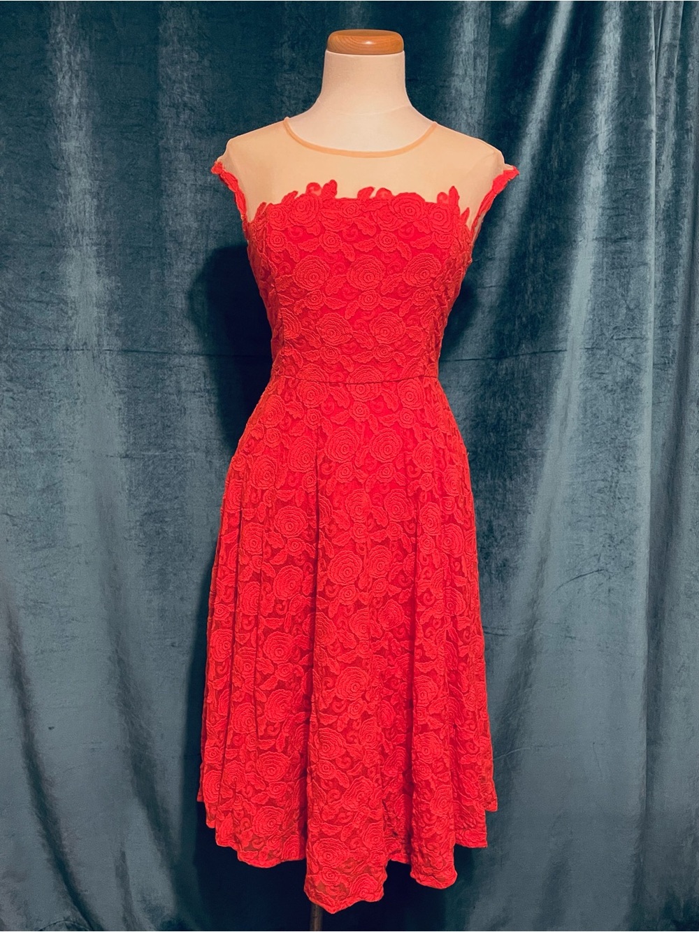 Anthropologie “Mirror of Venus” Lace Fit-and-Flare Floral Dress Coral Red
